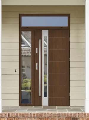 Model SLIM PREMIUM 72 mm front door with side and top sidelights / top and side panels with bar – energy efficient modern external door with mirrored