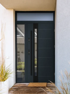 Model SLIM BLACK PREMIUM 72 mm front door with side and top sidelight / side and top panel with black bar - energy efficient modern external door with