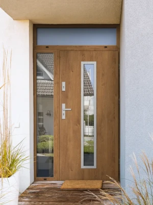 Model ANOLIS PREMIUM 72 mm front door with side and top sidelights / top and side panels with handle – energy efficient modern external door with mirr