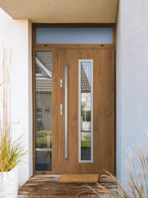 Model ANOLIS PREMIUM 72 mm front door with side and top sidelights / top and side panels with bar – energy efficient modern external door with mirrore