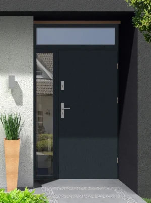 Model DRACO PREMIUM 72 mm front door with side and top sidelights / top and side panels with handle – energy efficient modern external door with mirro