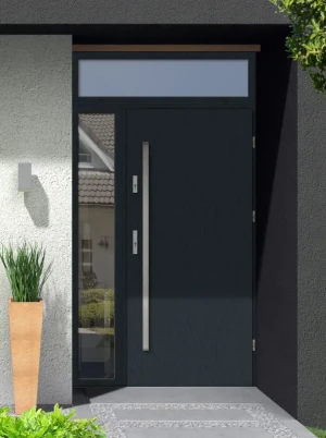 Model DRACO PREMIUM 72 mm front door with side and top sidelights / top and side panels with bar – energy efficient modern external door with mirrored