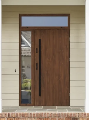 Model DRACO BLACK PREMIUM 72 mm front door with side and top sidelight / side and top panel with black bar - energy efficient modern external door wit
