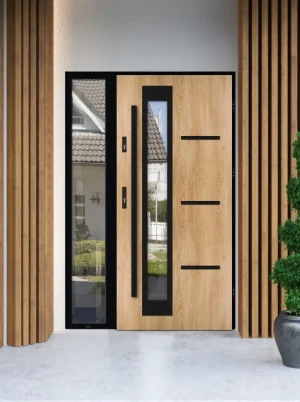 Greca Loft Premium drzwi zewnętrzne z doświetlem bocznym | czarna antaba i ościeżnica