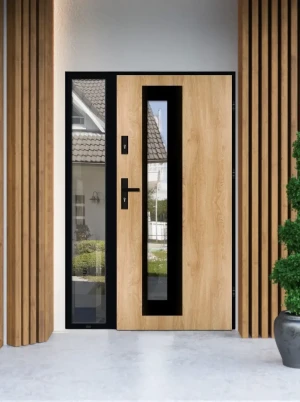 Pallas Loft Premium drzwi zewnętrzne z doświetlem bocznym | czarna klamka i ościeżnica