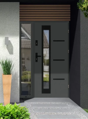 Nowoczesne Drzwi z dostawką Greca BLACK Antracyt | Stalowo - Aluminiowe | z czarną klamką