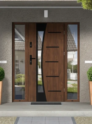 Agama Black Premium z czarną klamką i ościeżnicą nowoczesne energooszczędne polskie drzwi zewnętrzne z naświetlami z lustrem weneckim