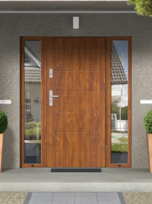 Avon Premium z klamką i futryną nowoczesne energooszczędne polskie drzwi do domu z dwiema dostawkami bocznymi z przeszkleniem 160