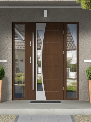 Bellis Premium z uchwytem i futryną nowoczesne energooszczędne drzwi do domu z dwiema dostawkami bocznymi z przeszkleniem 180 190