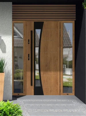 Bellis Black Premium z czarnym pochwytem i ościeżnicą nowoczesne energooszczędne drzwi zewnętrzne z naświetlami z lustrem weneckim