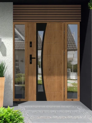 Bellis Black Premium z czarną klamką i ościeżnicą nowoczesne energooszczędne polskie drzwi zewnętrzne z naświetlami z lustrem weneckim