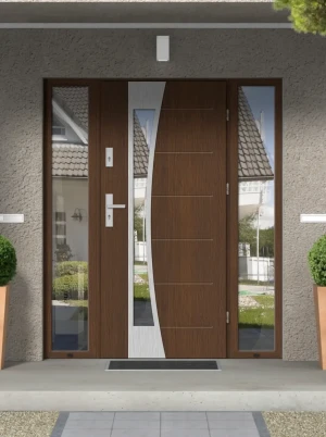 Bellis Premium z klamką i futryną nowoczesne energooszczędne polskie drzwi do domu z dwiema dostawkami bocznymi z przeszkleniem 160