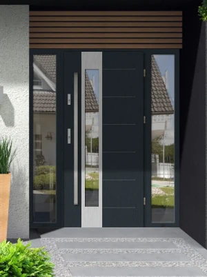 Caiman Premium z uchwytem i futryną nowoczesne energooszczędne drzwi do domu z dwiema dostawkami bocznymi z przeszkleniem 180 190