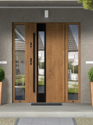 Caiman Black Premium z czarnym pochwytem i ościeżnicą nowoczesne energooszczędne drzwi zewnętrzne z naświetlami z lustrem weneckim