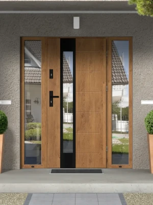 Caiman Black Premium z czarną klamką i ościeżnicą nowoczesne energooszczędne polskie drzwi zewnętrzne z naświetlami z lustrem weneckim