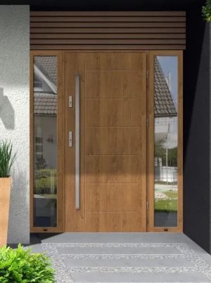 Gekko Premium z uchwytem i futryną nowoczesne energooszczędne drzwi do domu z dwiema dostawkami bocznymi z przeszkleniem 180 190