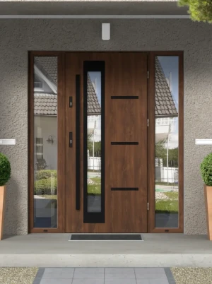 Greca Black Premium z czarną antabą i ramką nowoczesne energooszczędne drzwi wejściowe z doświetlami z szybą wenecką 160 170 180 190