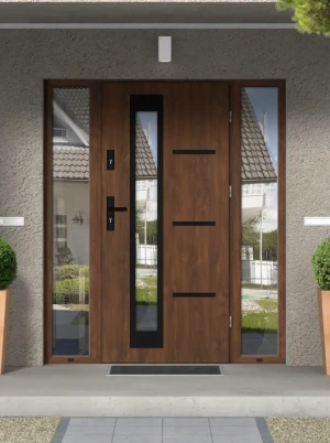 Greca Black Premium z czarną klamką i ramką nowoczesne energooszczędne drzwi wejściowe z doświetlami z szybą wenecką 160 170 180 190