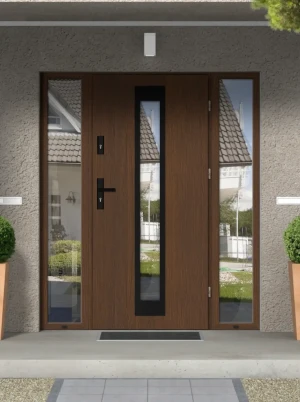 Iguana Black Premium z czarną klamką i ramką nowoczesne energooszczędne drzwi wejściowe z doświetlami z szybą wenecką 160 170 180 190