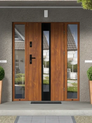 Papua Black Premium z czarną klamką i ramką nowoczesne energooszczędne drzwi wejściowe z doświetlami z szybą wenecką 160 170 180 190