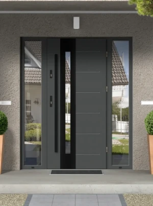 Tuluza Black Premium z czarnym uchwytem i futryną nowoczesne energooszczędne drzwi do domu z dwiema dostawkami bocznymi z przeszkleniem