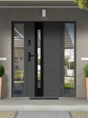 Tuluza Black Premium z czarną klamką i futryną nowoczesne energooszczędne drzwi do domu z dwiema dostawkami bocznymi z przeszkleniem