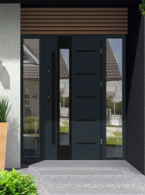 Uta Black Premium z czarnym uchwytem i futryną nowoczesne energooszczędne drzwi do domu z dwiema dostawkami bocznymi z przeszkleniem