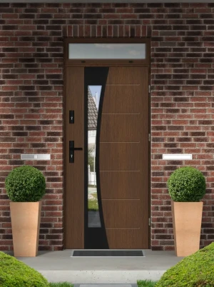 Bellis Black Premium z czarną klamką i ramką nowoczesne energooszczędne drzwi wejściowe z doświetlem górnym z szkłem mlecznym 80 90 100