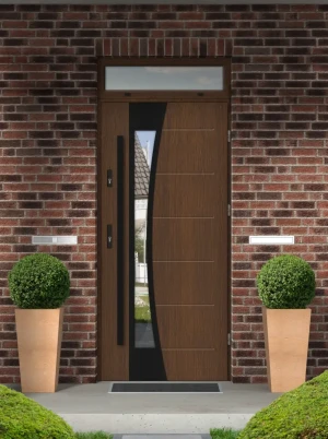 Bellis Black Premium z czarną antabą i ramką nowoczesne energooszczędne drzwi wejściowe z doświetlem górnym z szkłem mlecznym 80 90