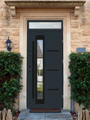 Greca Black Premium z czarnym uchwytem i futryną nowoczesne energooszczędne drzwi do domu z dostawką górną z przeszkleniem 80 90 100
