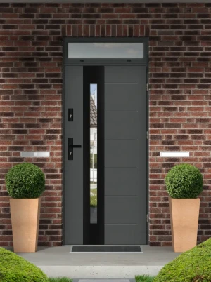 Tuluza Black Premium z czarną klamką i ramką nowoczesne energooszczędne drzwi wejściowe z doświetlem górnym z szkłem mlecznym 80 90 100
