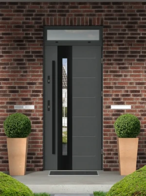 Tuluza Black Premium z czarną antabą i ramką nowoczesne energooszczędne drzwi wejściowe z doświetlem górnym z szkłem mlecznym 80 90