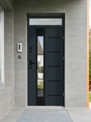 Uta Black Premium z czarną klamką i ramką nowoczesne energooszczędne drzwi wejściowe z doświetlem górnym z szkłem mlecznym 80 90 100