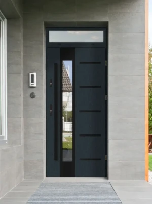 Uta Black Premium z czarną antabą i ramką nowoczesne energooszczędne drzwi wejściowe z doświetlem górnym z szkłem mlecznym 80 90