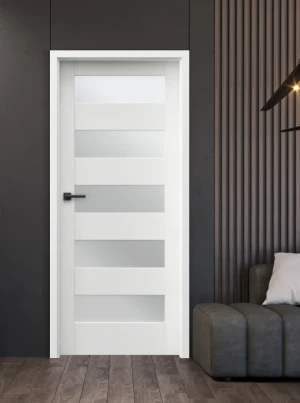 KRÓTKI TERMIN ZESTAW Skrzydło + ościeżnica drzwi wewnętrzne białe 80 Porta Trim Lite B.5 - przylgowe w kolorze Biały Portadecor z szybą mleczną do pok
