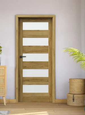 KRÓTKI TERMIN ZESTAW Skrzydło + ościeżnica drzwi wewnętrzne dąb 80 Porta Trim Lite B.5 - przylgowe w kolorze Dąb Catania Portadecor z szybą mleczną do