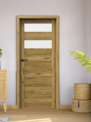 KRÓTKI TERMIN ZESTAW Skrzydło + ościeżnica drzwi wewnętrzne dąb 80 Porta Trim Lite B.2 - przylgowe w kolorze Dąb Catania Portadecor z szybą mleczną do