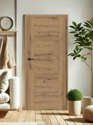 ZESTAW Skrzydło + ościeżnica drzwi wewnętrzne dąb naturalny dębowe drewno 70 80 90 przylgowe DRE ramiakowe pełne do pokoju łazienki zestaw z ościeżnicą regulowaną i klamką nowoczesne Reva