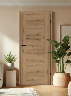 ZESTAW Skrzydło + ościeżnica drzwi wewnętrzne dąb naturalny dębowe drewno 70 80 90 przylgowe DRE ramiakowe pełne do pokoju łazienki zestaw z ościeżnicą regulowaną i klamką nowoczesne Auri