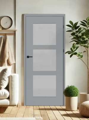 ZESTAW Skrzydło + ościeżnica drzwi wewnętrzne jasnoszary szare popielate 70 80 90 przylgowe DRE ramiakowe przeszklone do pokoju zestaw z ościeżnicą regulowaną i klamką nowoczesne Estra