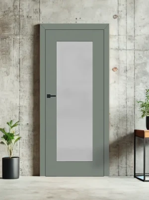 ZESTAW Skrzydło + ościeżnica drzwi wewnętrzne szałwia jasnozielone 70 80 90 bezprzylgowe DRE ramiakowe przeszklone do pokoju zestaw z ościeżnicą regulowaną i klamką nowoczesne Estra