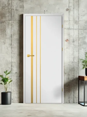 ZESTAW Skrzydło + ościeżnica drzwi wewnętrzne Erkado Altamura LUX 421 PREMIUM - przylgowe złota intarsja drzwi do pokoju i łazienki nowoczesne eleganc