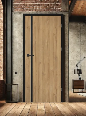ZESTAW Skrzydło + ościeżnica drzwi wewnętrzne Erkado Altamura Loft LUX 220 PREMIUM - przylgowe czarna ościeżnica czarna intarsja drzwi do pokoju i łaz