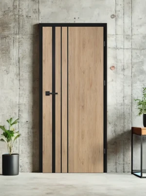 ZESTAW Skrzydło + ościeżnica drzwi wewnętrzne Erkado Altamura Loft LUX 221 PREMIUM - przylgowe czarna ościeżnica czarna intarsja drzwi do pokoju i łaz