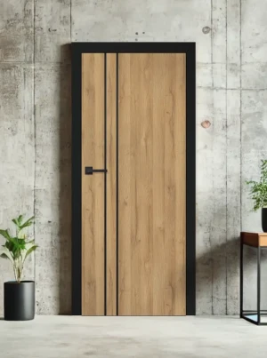 ZESTAW Skrzydło + ościeżnica drzwi wewnętrzne Erkado Altamura Loft LUX 204 PREMIUM - bezprzylgowe czarna ościeżnica czarna intarsja drzwi do pokoju i