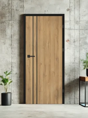 ZESTAW Skrzydło + ościeżnica drzwi wewnętrzne Erkado Altamura Loft LUX 204 PREMIUM - przylgowe czarna ościeżnica czarna intarsja drzwi do pokoju i łaz