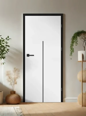 ZESTAW Skrzydło + ościeżnica drzwi wewnętrzne Erkado Altamura Loft LUX 213 PREMIUM - przylgowe czarna ościeżnica czarna intarsja drzwi do pokoju i łaz