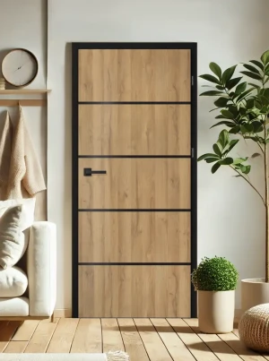 ZESTAW Skrzydło + ościeżnica drzwi wewnętrzne Erkado Altamura Loft LUX 207 PREMIUM - przylgowe czarna ościeżnica czarna intarsja drzwi do pokoju i łaz
