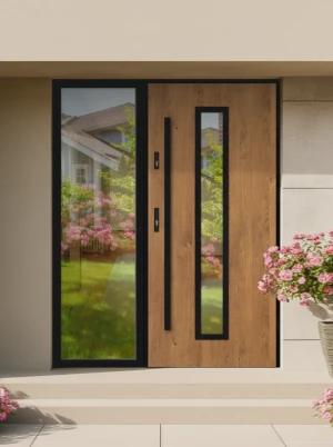 Anolis Loft Premium z czarnym uchwytem i czarną futryną nowoczesne energooszczędne drzwi do domu z dostawką boczną z przeszkleniem 130