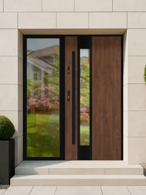 Cameleo Loft Premium z czarnym uchwytem i czarną futryną nowoczesne energooszczędne drzwi do domu z dostawką boczną z przeszkleniem 130